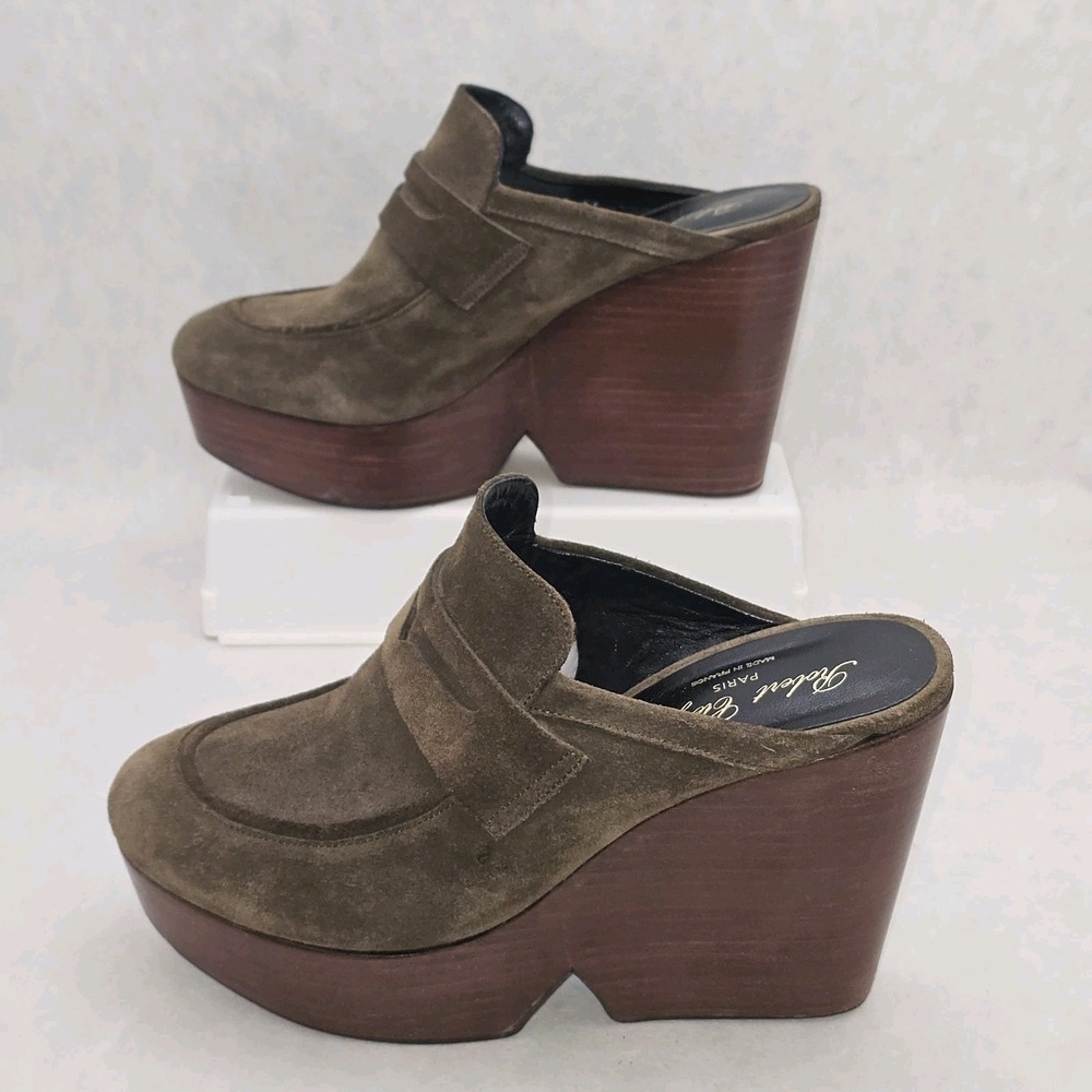 Robert Clergerie Olive Green Damor Suede Leather Platform Wooded Wedge Clogs 39 - Picture 3 of 11